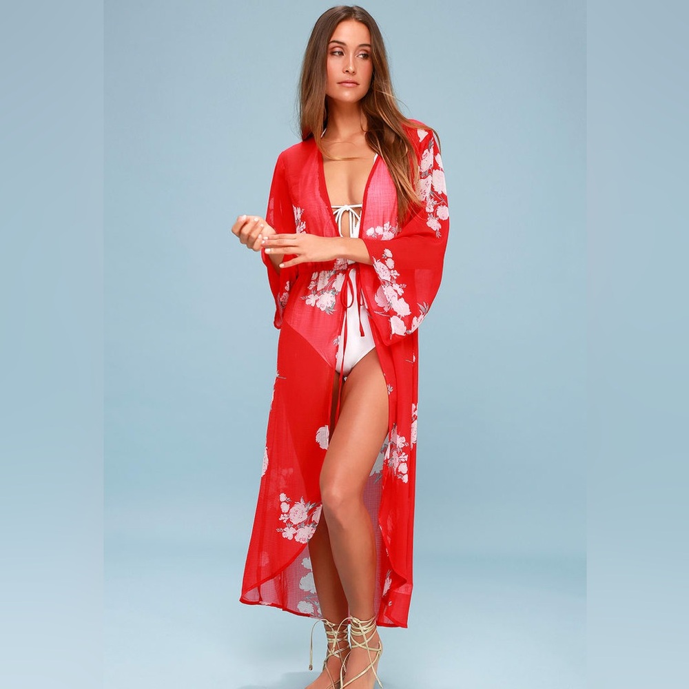 Lulu’s Riviera Roaming Red Floral Print Swim Cover-Up